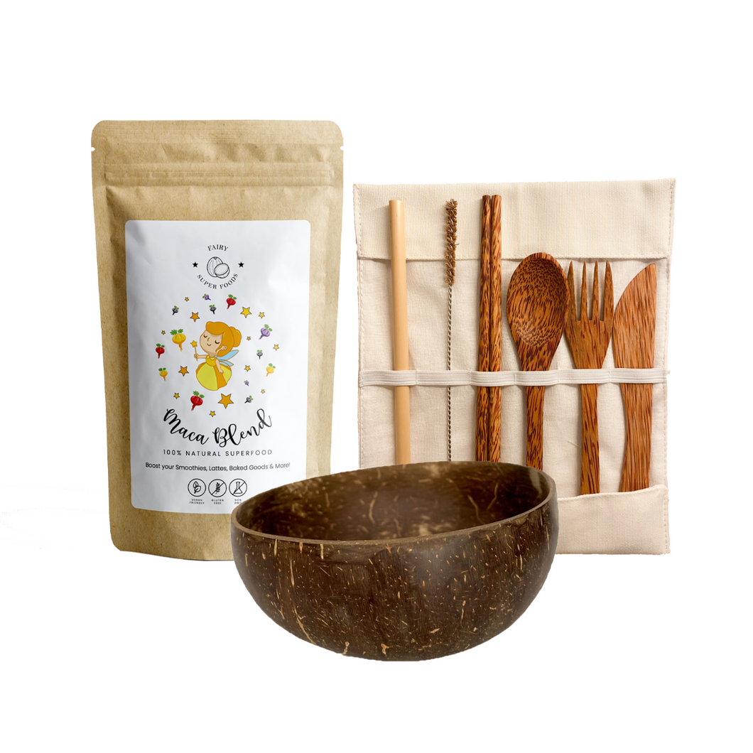 Maca Kit with 1 Maca powder, coconut bowl, coconut cutlery set with bamboo straw, coconut chopsticks, spoon, fork, and knife
