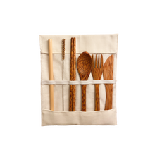 Load image into Gallery viewer, Coconut cutlery set with bamboo straw, coconut chopsticks, coconut spoon fork and knife
