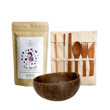 Load image into Gallery viewer, Acai Berry Kit with 1 Acai berry powder, coconut bowl, coconut cutlery set with bamboo straw, coconut chopsticks, spoon, fork, and knife
