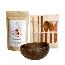 Afbeelding in Gallery-weergave laden, Goji Berry Kit with 1 Goji berry powder, coconut bowl, coconut cutlery set with bamboo straw, coconut chopsticks, spoon, fork, and knife
