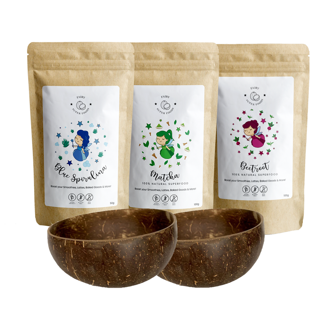 Fairy Superfoods Energy Bundle which includes Blue spirulina, Matcha, and Beetroot powder. These superfoods provide energy and increases stamina.